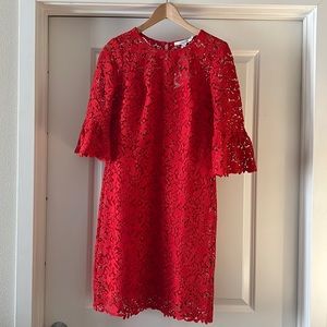 NWT Boden pigeon and heart lace dress US size 4R ruffle sleeves holiday red